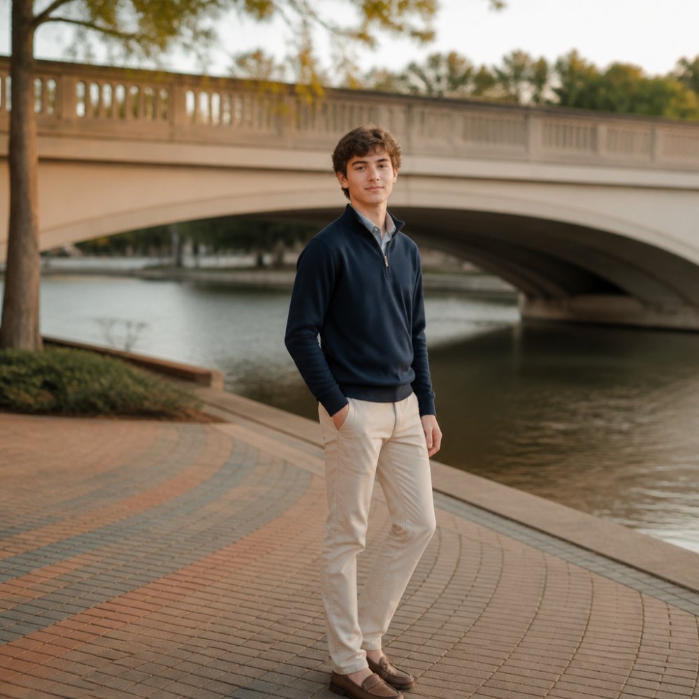 High school senior standing at The Woodlands Waterway using relaxed poses for senior photos with one hand in pocket