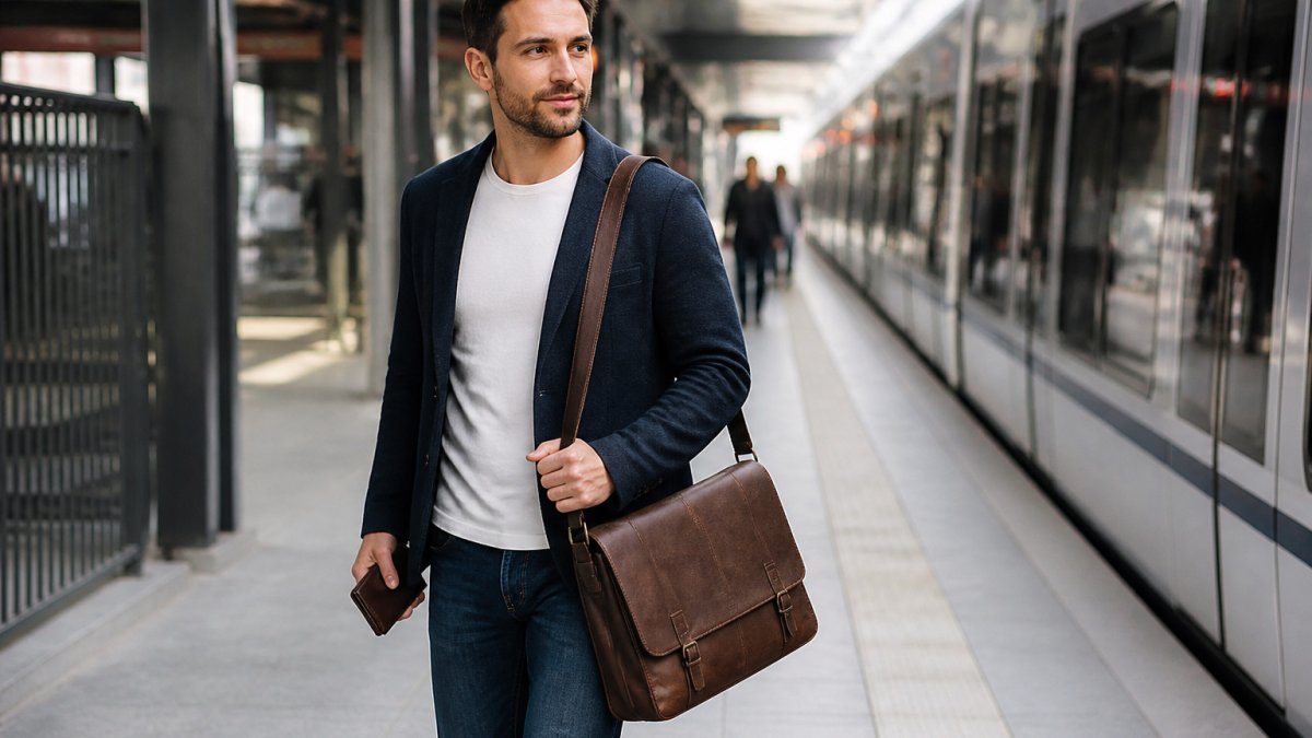Professional commuter walking through a train station with a slim messenger bag and a leather wallet in hand.