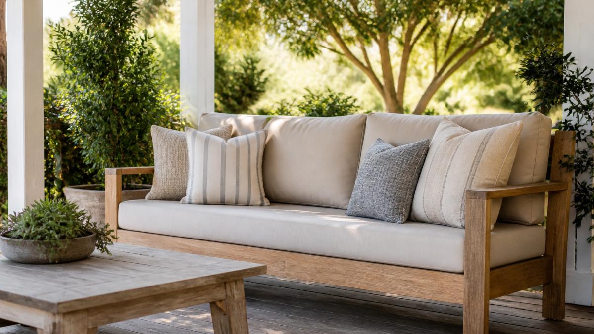 A sunlit covered patio with a wooden bench and beige outdoor cushions, throw pillows arranged neatly, dappled afternoon light and potted greenery nearby