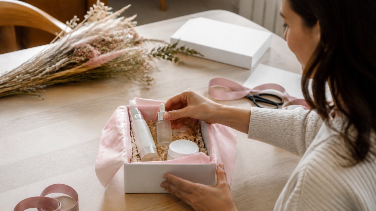 Eine Frau um die 40 packt auf einem hellen Holztisch ein Beauty-Geschenkset mit Hyaluron-Serum, Nachtmaske und Handcreme in eine schlichte Geschenkbox, daneben Trockenblumen und eine Schleife