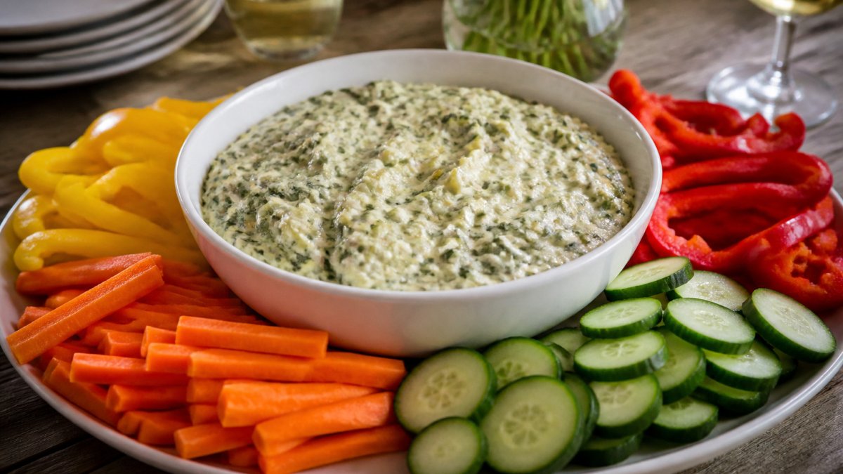 Infographic illustrating the step-by-step process for preparing a creamy spinach artichoke dip with fresh vegetables