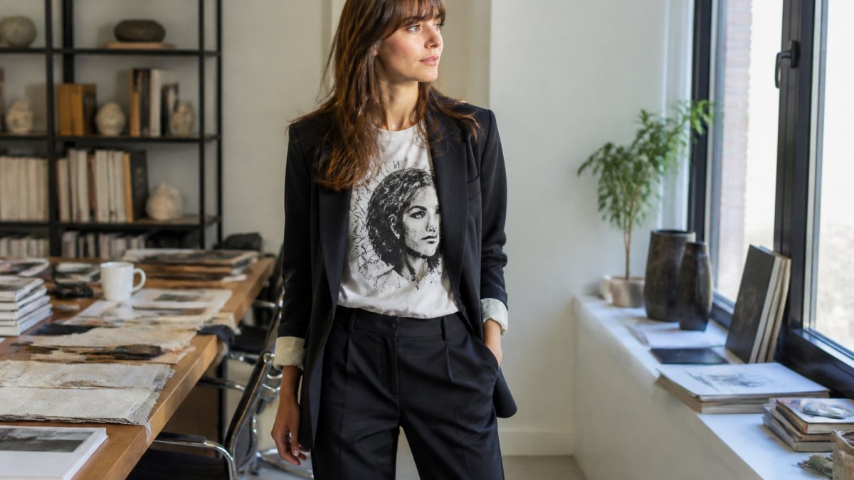Woman wearing an oversized graphic statement tee styled with a structured blazer and tailored trousers, standing in a bright modern office with natural window lighting, appearing confident and professional