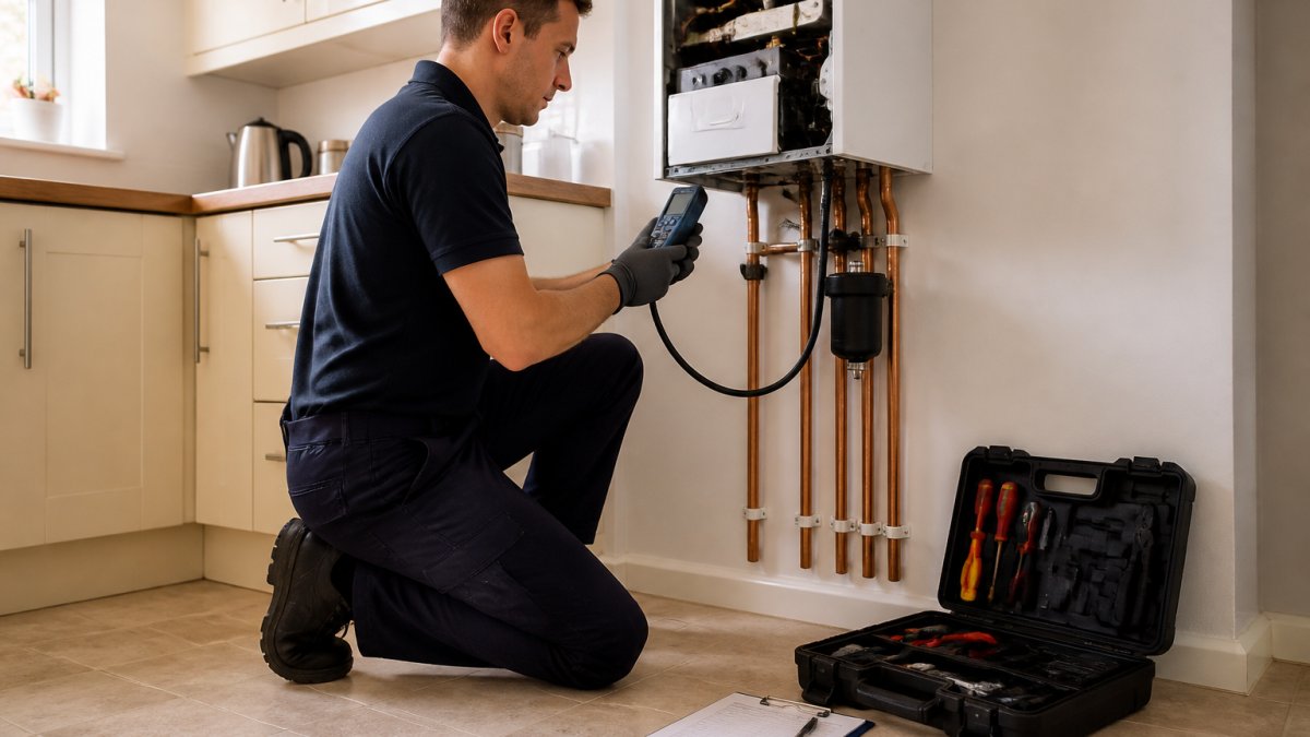 A Gas Safe registered engineer in uniform kneeling beside a wall-mounted combi boiler in a home kitchen, holding a flue gas analyser, with a clipboard and tool case on the floor nearby