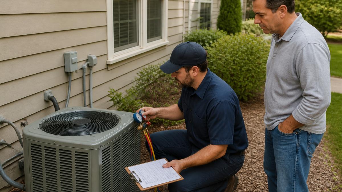 Licensed HVAC technician checking an outdoor AC unit during a routine HVAC maintenance inspection.