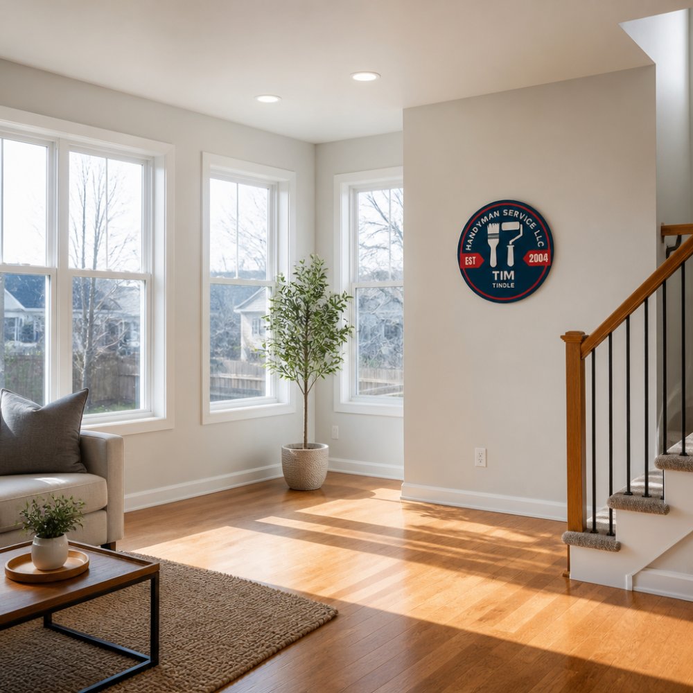 Bright living room with north-facing windows showing cool natural light streaming across pale painted walls and hardwood floors in morning light