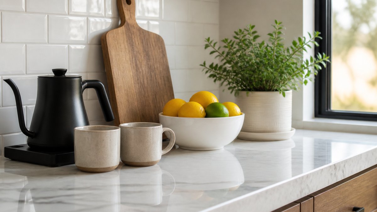 Professional kitchen counter with a small coffee station featuring a matte black kettle and two neutral ceramic mugs, a wooden cutting board leaning against the backsplash, a white ceramic bowl filled with fresh lemons and limes, and a small potted green plant, all arranged on a light marble countertop with soft natural window light