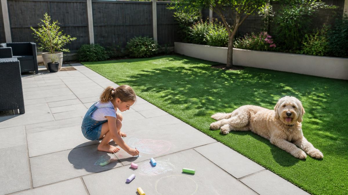 Child playing on porcelain paving next to a low maintenance garden with artificial grass and a resting dog.