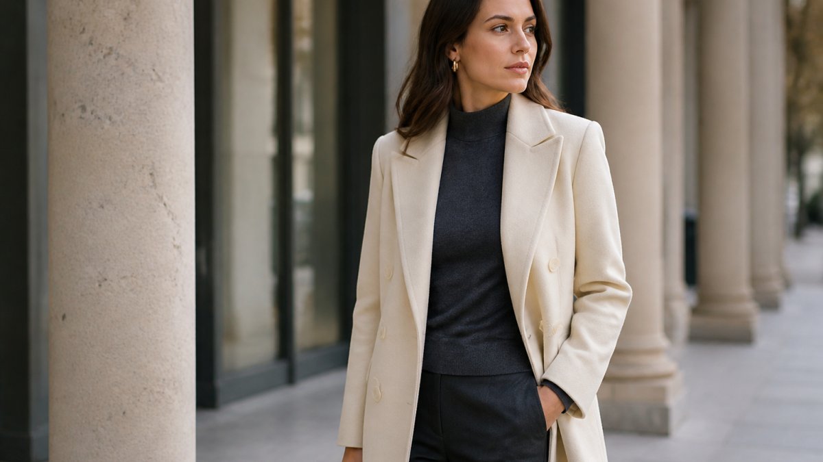 Woman wearing a tailored cream double-face coat over a charcoal merino-blend knit, standing in soft natural light with refined posture, showing how luxury outerwear pieces layer elegantly for professional settings