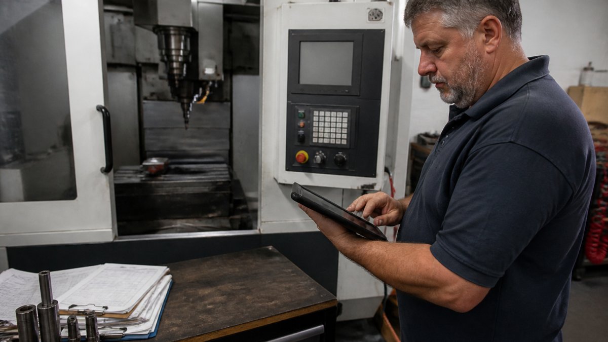Production supervisor using discrete manufacturing software on a tablet next to a CNC machine in a machine shop