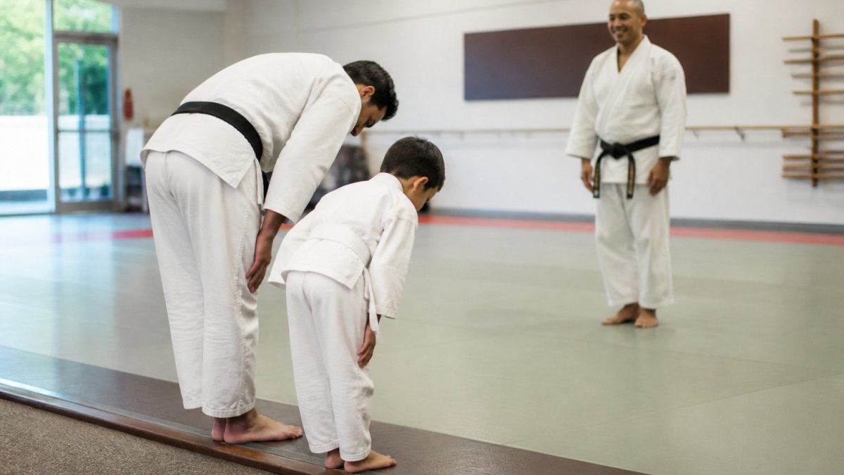 Parent and child in white uniforms bowing together during martial arts classes in a bright, welcoming dojo.