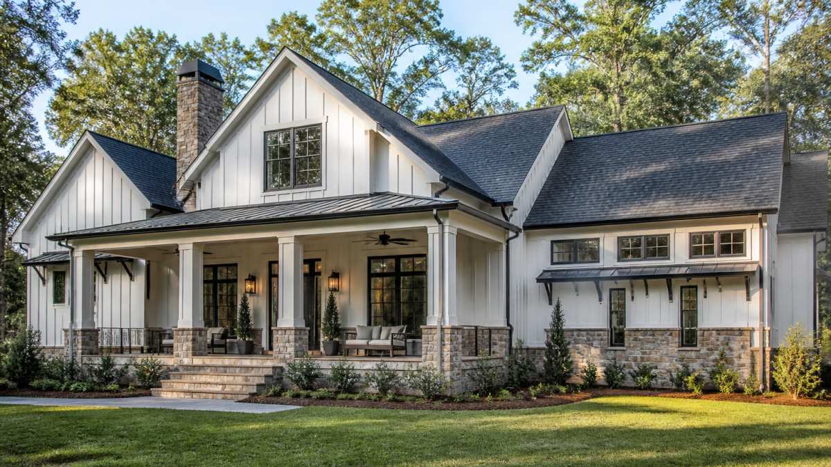 A newly built modern farmhouse home with warm white board-and-batten siding, natural stone accents, and a deep front porch, photographed in soft late-afternoon light with mature Southern trees in the background