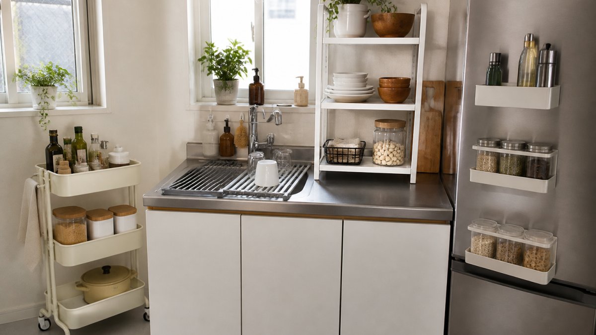Diagram showing an organized small kitchen layout using compact storage solutions to maximize counter space.