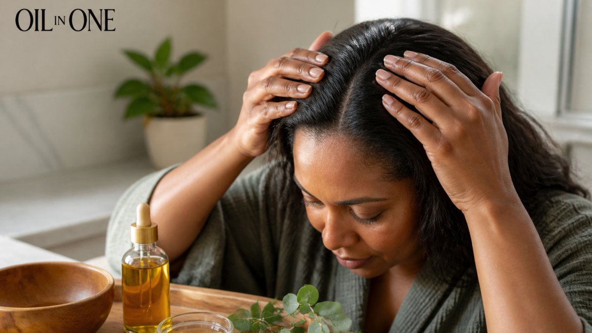 Fingertips gently massaging light botanical oil into a scalp in a sunlit bathroom