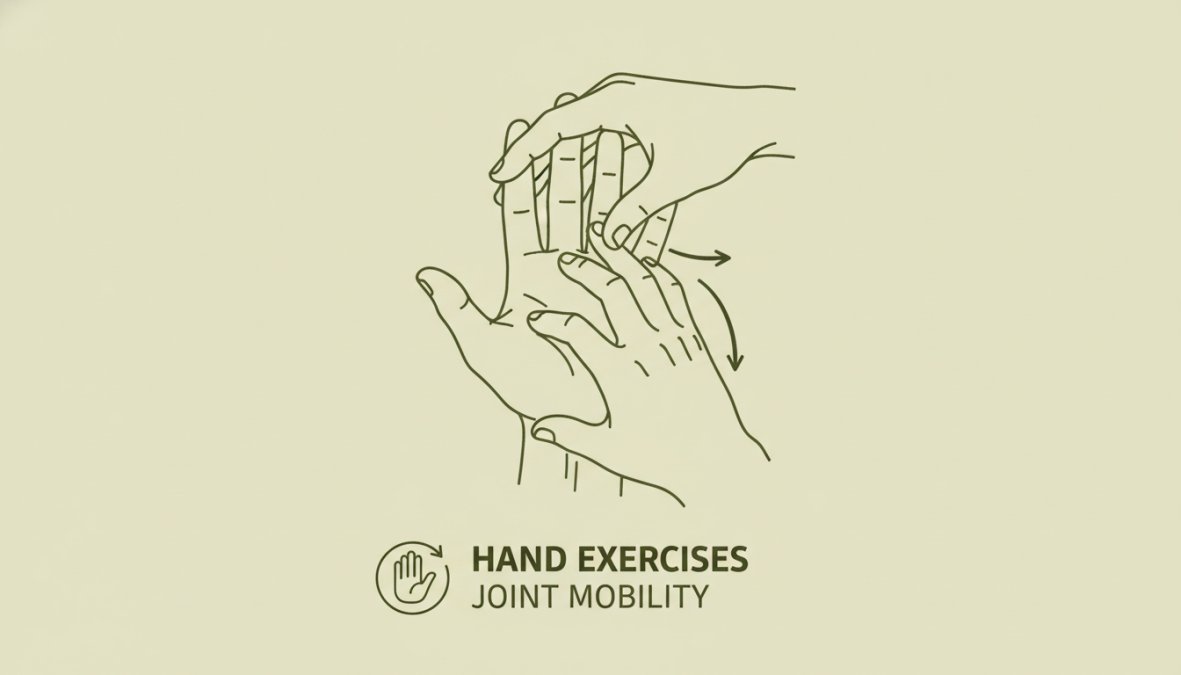 Close-up of hands demonstrating proper finger stretching technique with fingers extended and slightly spread, natural window lighting