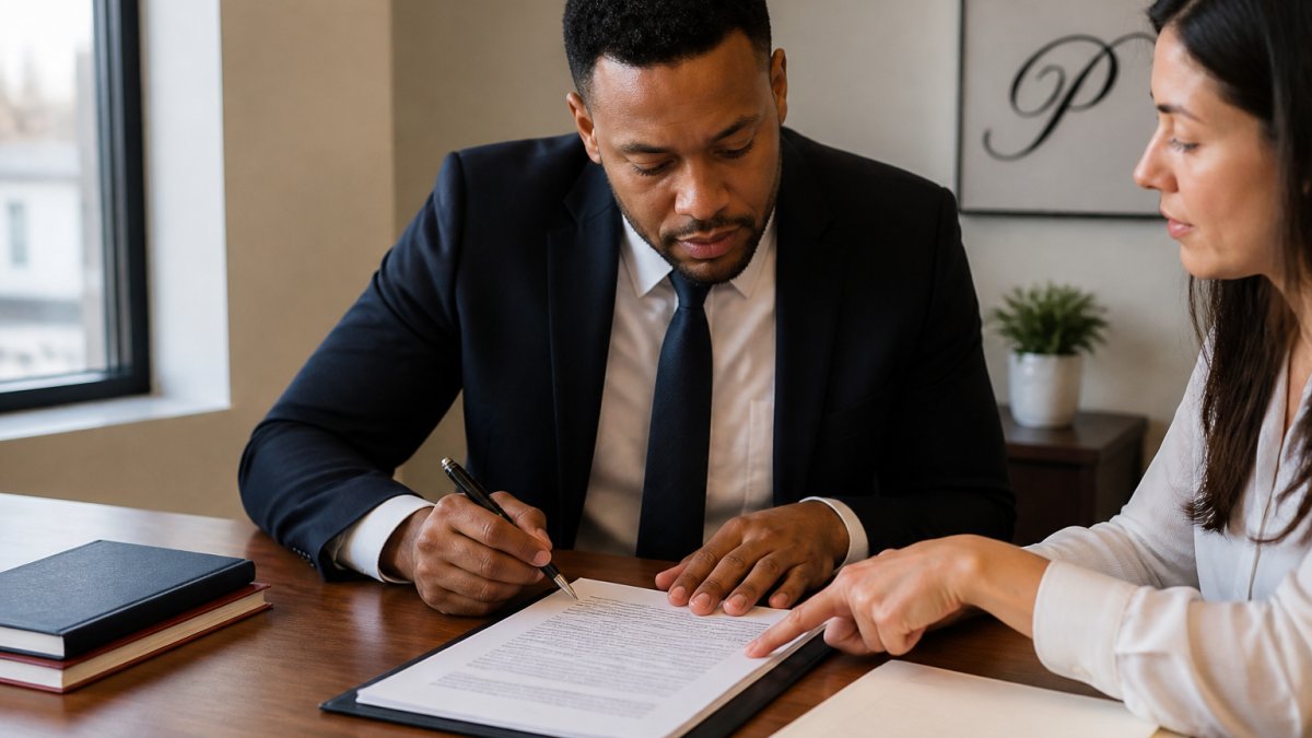 Professional in business attire reviewing documents at a desk with another person pointing to specific sections, natural office lighting