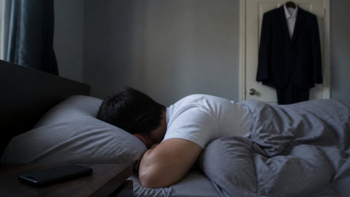 Job candidate sleeping in a dim bedroom with a phone alarm set nearby and an interview outfit hung on the door.