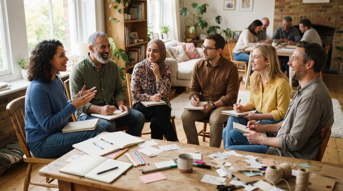 A diverse group of people sitting in a circle during a community discussion, smiling and engaged in conversation in a bright, welcoming space
