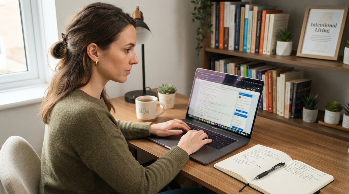 A person at a laptop with a notebook nearby, looking focused and thoughtful while typing a forum post or comment