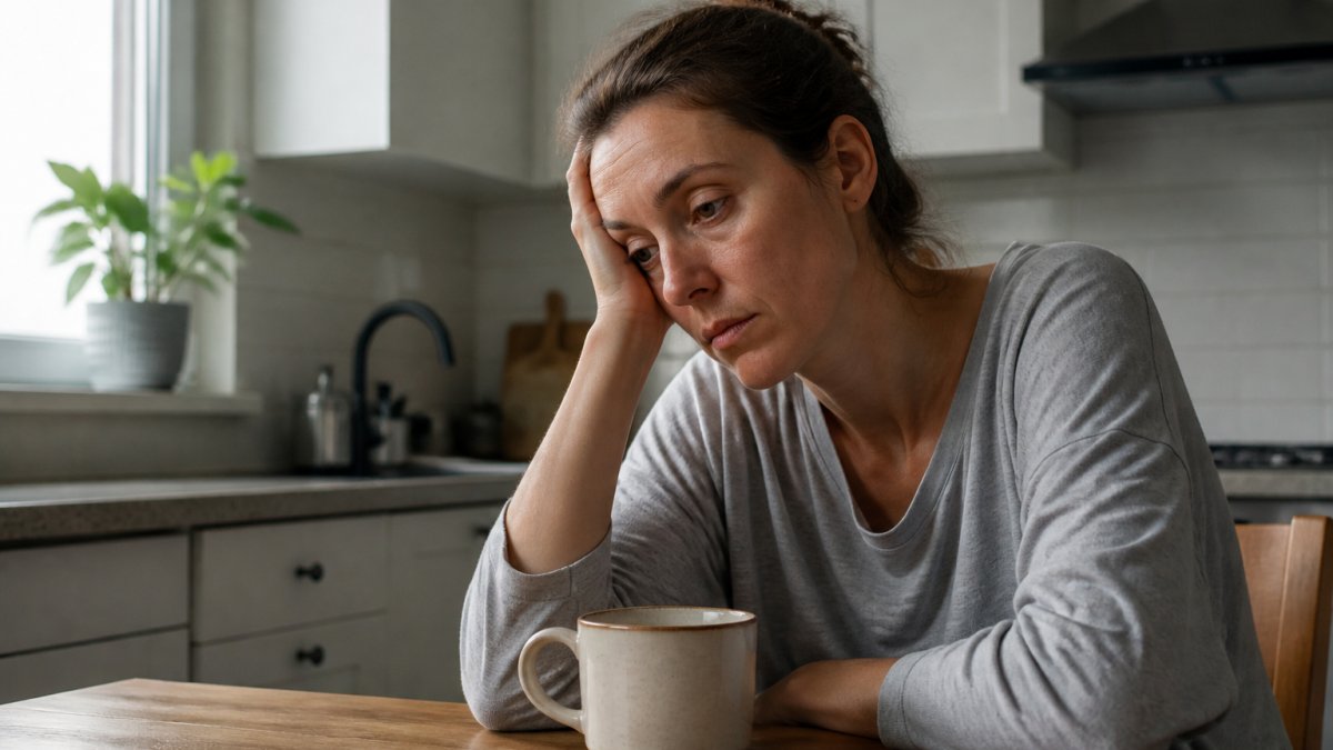 Infographic showing early symptoms of b12 deficiency in a tired adult sitting at a kitchen table.