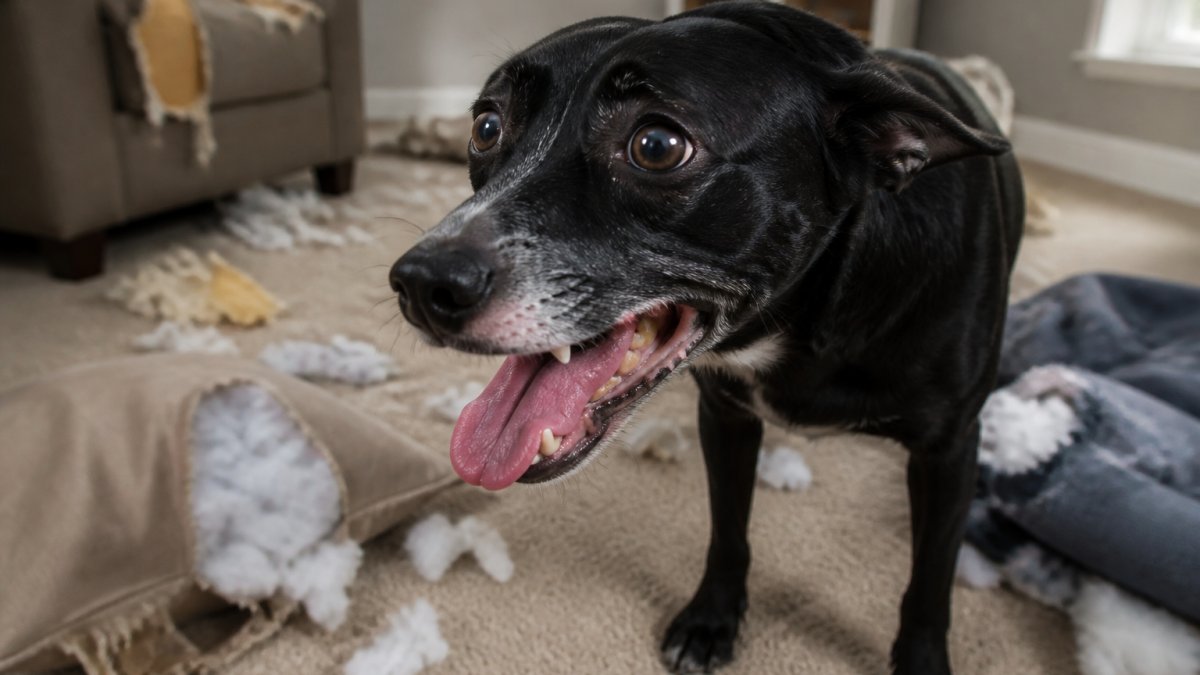 Close-up of a dog showing distress signals with panting heavily, ears pinned back, dilated pupils, surrounded by scattered destroyed items like torn cushion stuffing and chewed furniture in a home setting
