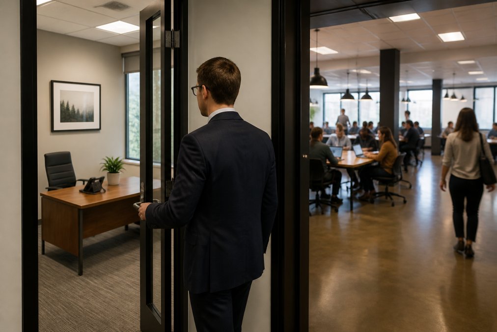 A business professional closing the door to a quiet, private professional office with a busy coworking space behind.