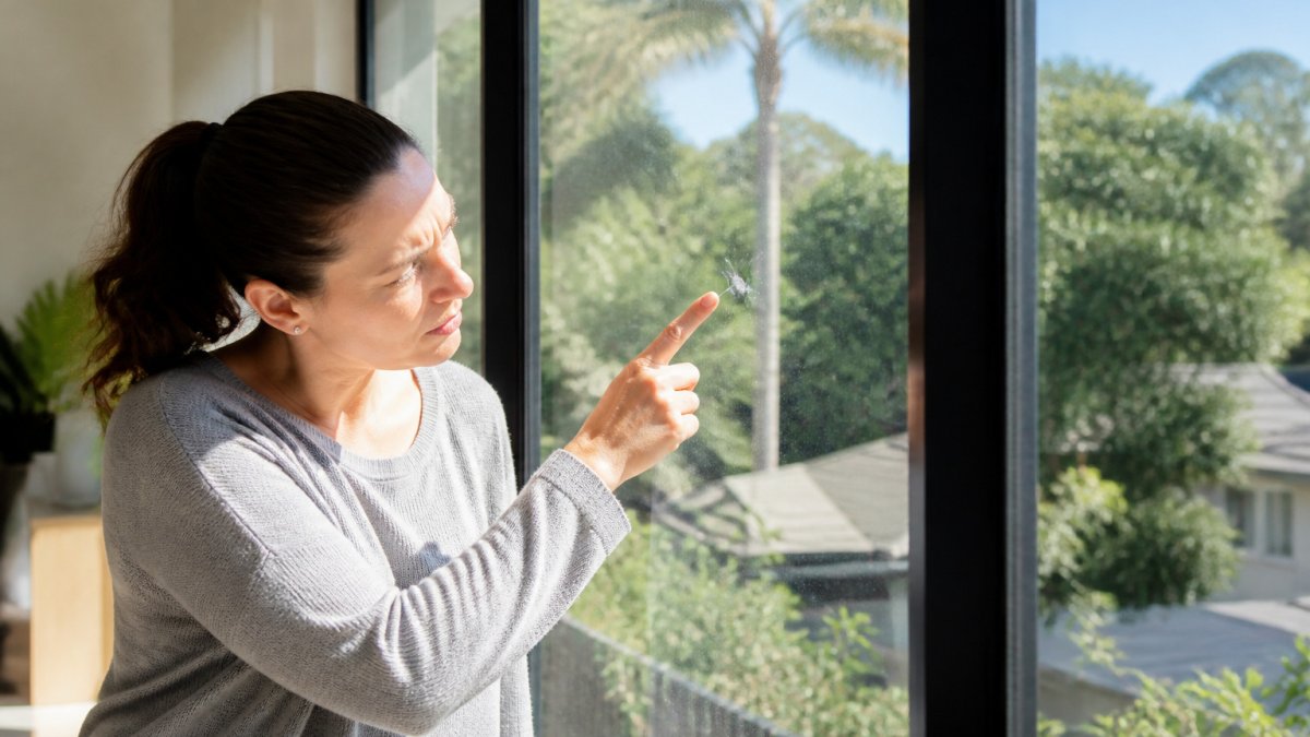 Homeowner inspecting a chip in a living room window, one of the key signs your glass needs replacing