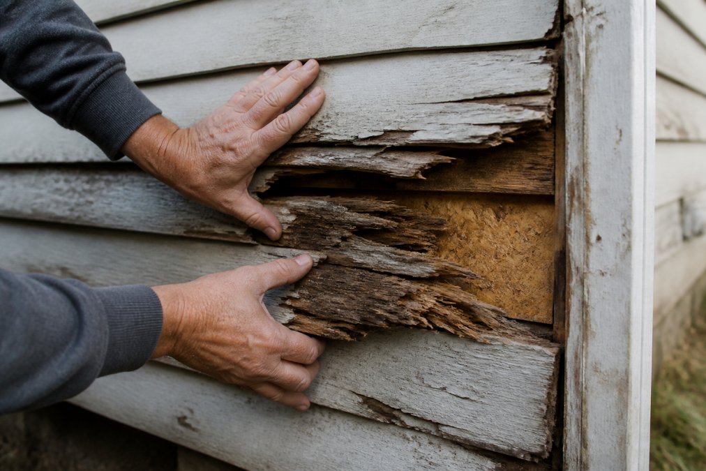 Close-up of a homeowner's hands pressing into a section of exterior wood siding that is visibly soft, discolored, and crumbling, with a small section of the underlying sheathing exposed