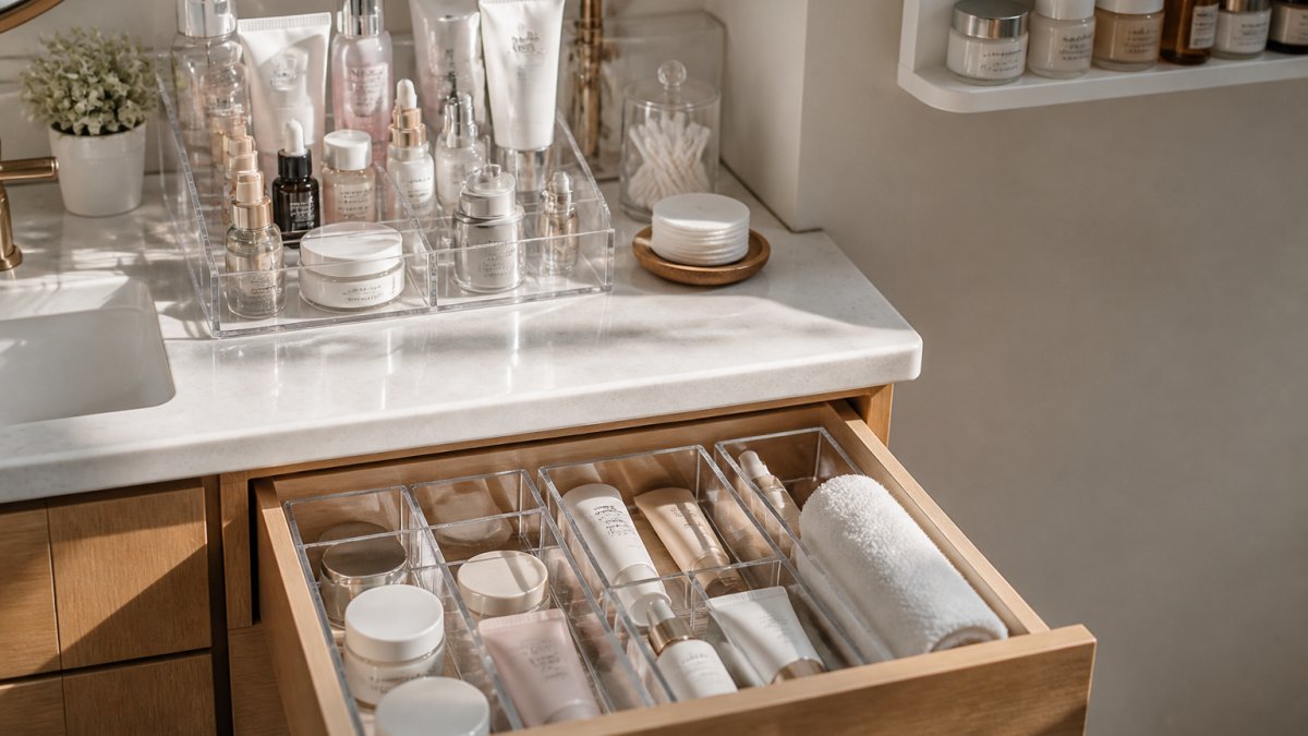 Clear acrylic organizers and drawer dividers neatly holding skincare bottles on a bright bathroom vanity counter