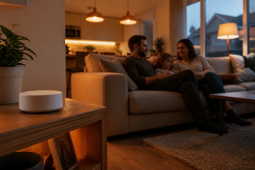 A modern UK living room with a compact smart hub sitting on a wooden shelf, warm evening light, family relaxing on a sofa while smart bulbs glow softly in the background