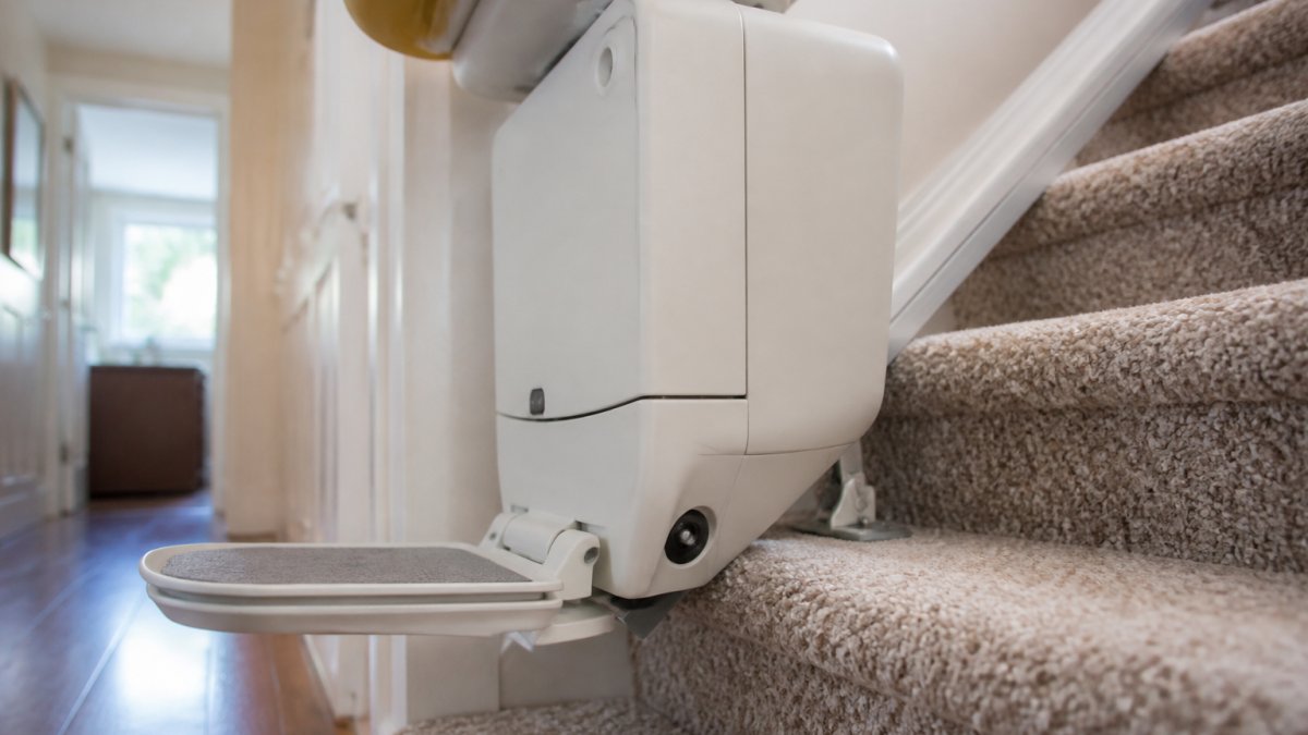 Close-up of a stairlift safety sensor on a carriage moving up a carpeted staircase in a sunlit hallway.