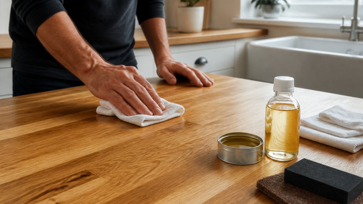Hands applying oil to a solid oak worktop with a lint-free cloth for maintaining solid wood worktops in the UK.