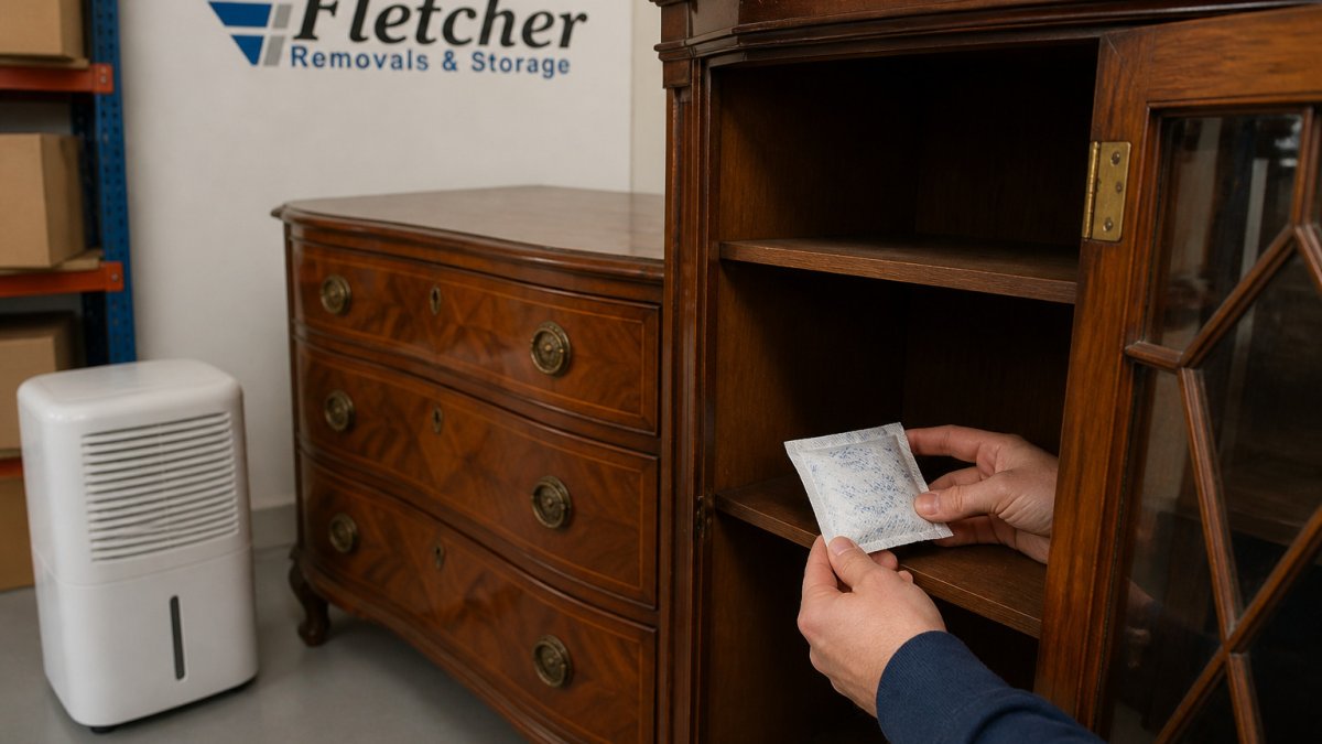 Hands placing a silica gel packet inside a wooden cabinet to prevent humidity damage antiques in a storage room.