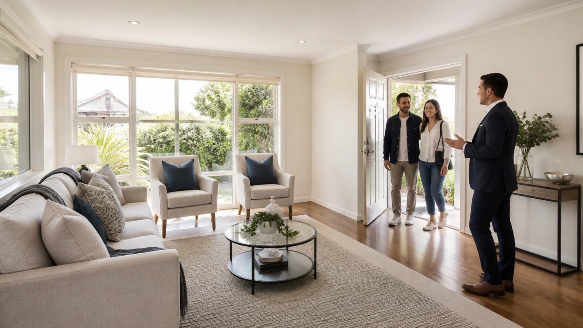 Bright, well-maintained living room with neutral décor, natural light streaming through large windows, and a realtor standing near the entrance during an open home