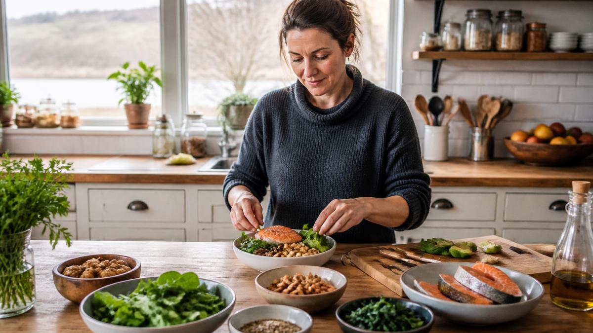 Person preparing a nutritious meal with protein and greens to support whiplash healing in a bright kitchen.