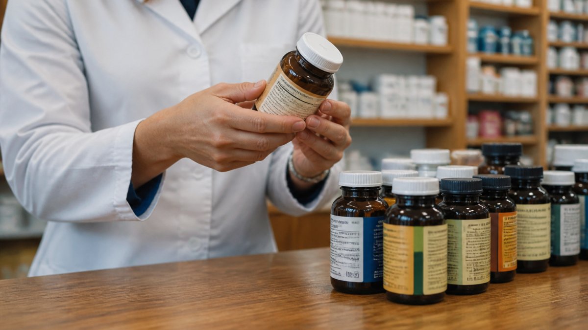 Pharmacist examining a supplement bottle label while choosing products for nerve health in a pharmacy