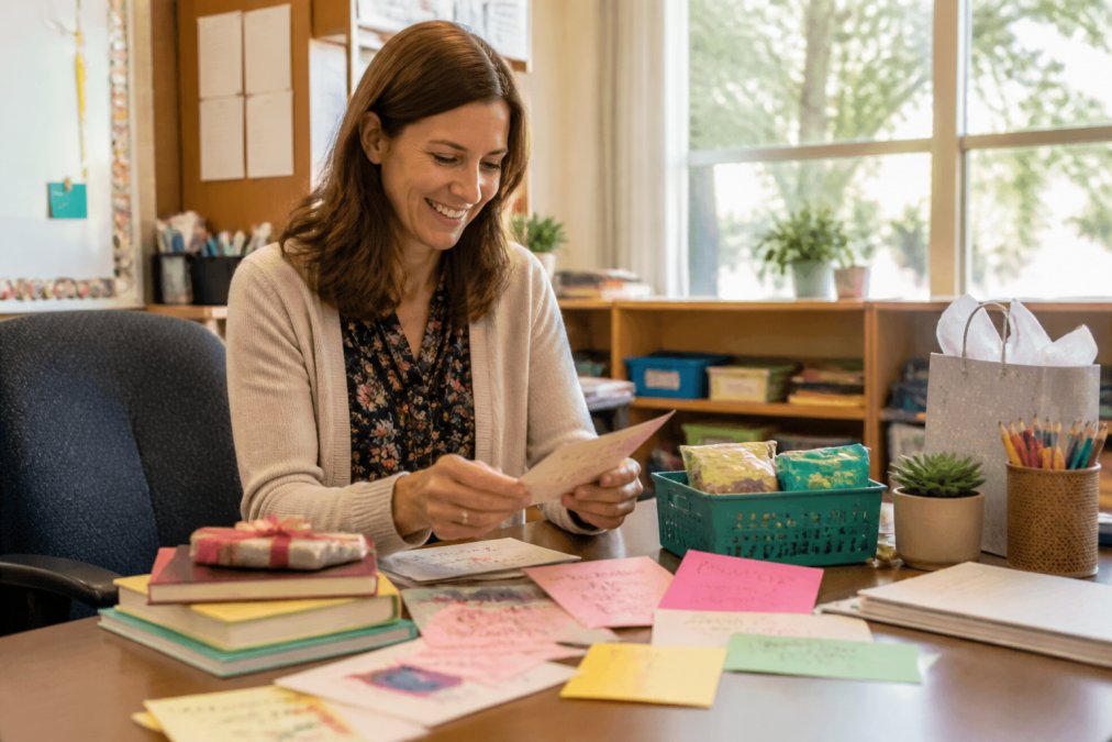 Teacher at desk surrounded by handwritten thank you notes, classroom supplies, and small gifts, organizing items with a genuine smile in warm natural light