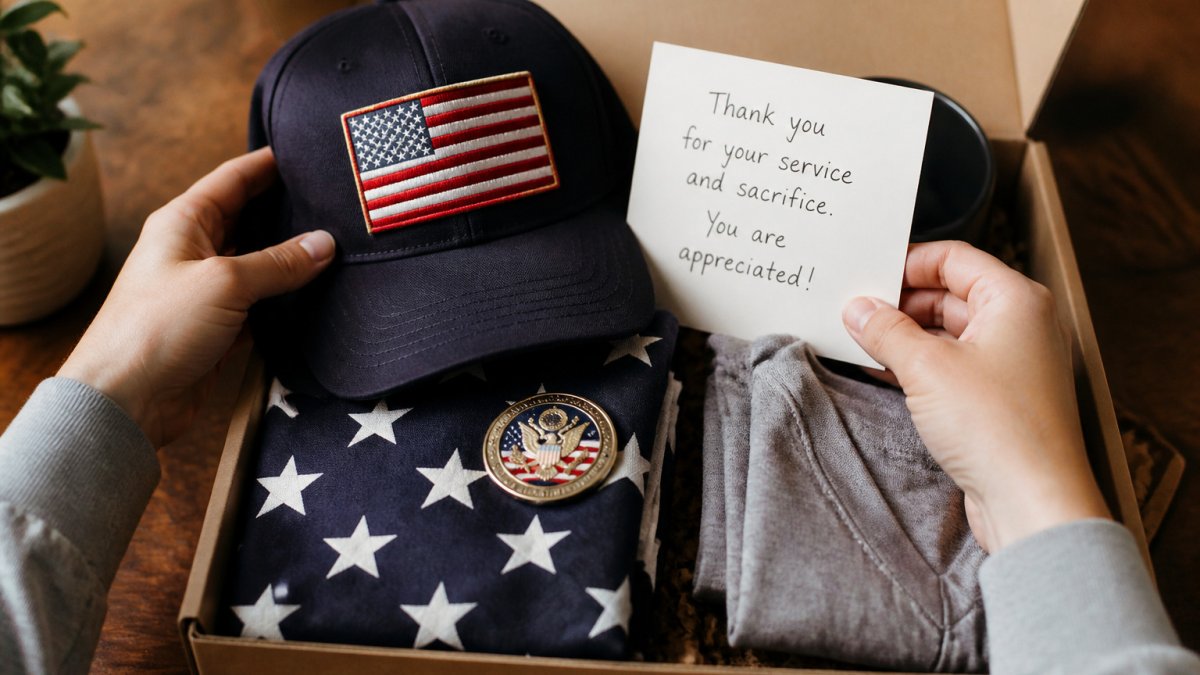 Step-by-step guide for packing a personalized veteran gift box with a handwritten note and patriotic memorabilia.