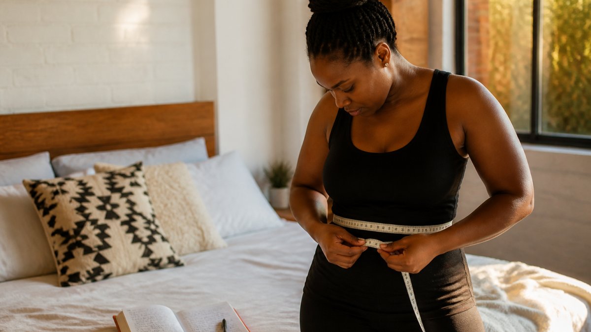 A woman in her thirties holding a soft measuring tape around her waist in a bright bedroom, a notebook with handwritten measurements on the bed beside her