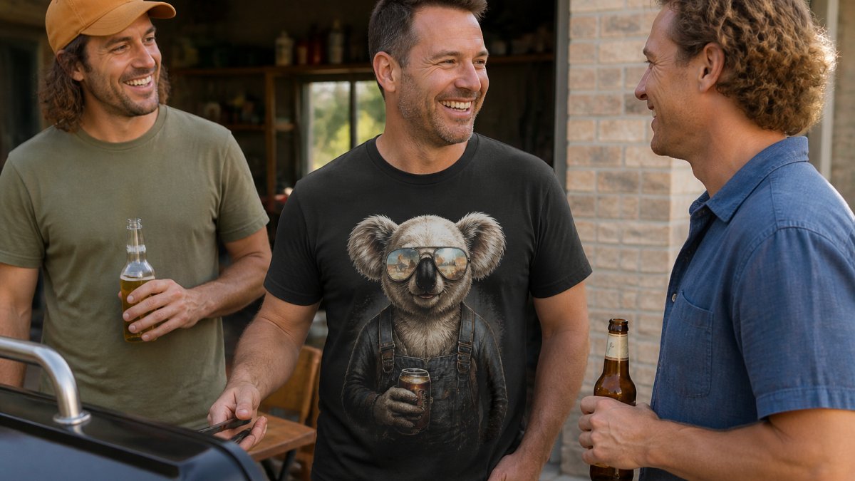 Man wearing a novelty t-shirt at a casual outdoor gathering with friends, smiling and relaxed, showing how funny dad gifts fit naturally into everyday life
