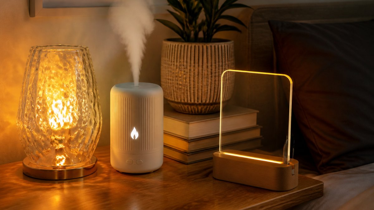 A cozy bedside table at dusk styled with a faceted acrylic ripple lamp glowing warm amber, a small white LED humidifier misting beside it, and a glowing acrylic message board reading a handwritten note, textured planter and stacked books nearby