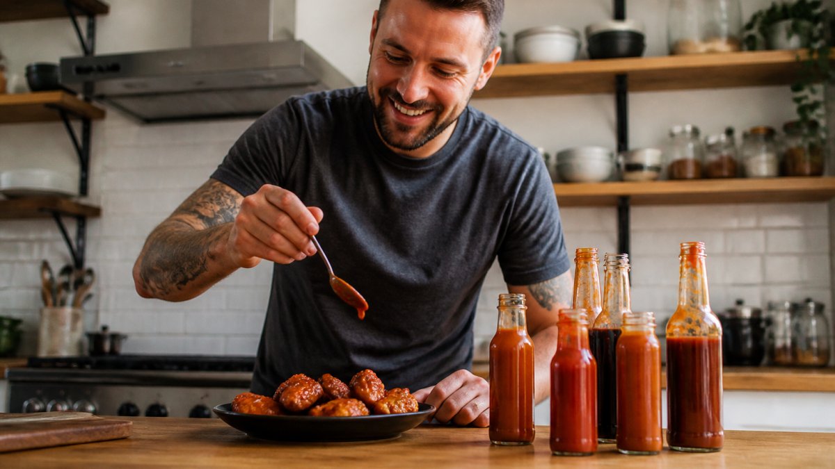 Man in his kitchen adding spicy red sauce to a plate of chicken wings while testing different heat levels.