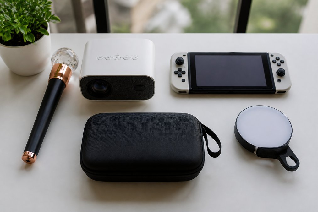 Flat lay of tech gadgets arranged on a modern desk including a colorful magic wand, portable game console, mini projector, and magnetic selfie light with natural window lighting