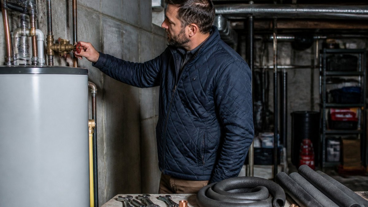 Homeowner in a quilted jacket closing the water shutoff valve in a basement vacation home to prevent frozen pipes.