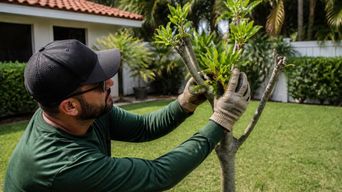 Landscaper checking new growth on a young tree recovering after someone did over prune trees