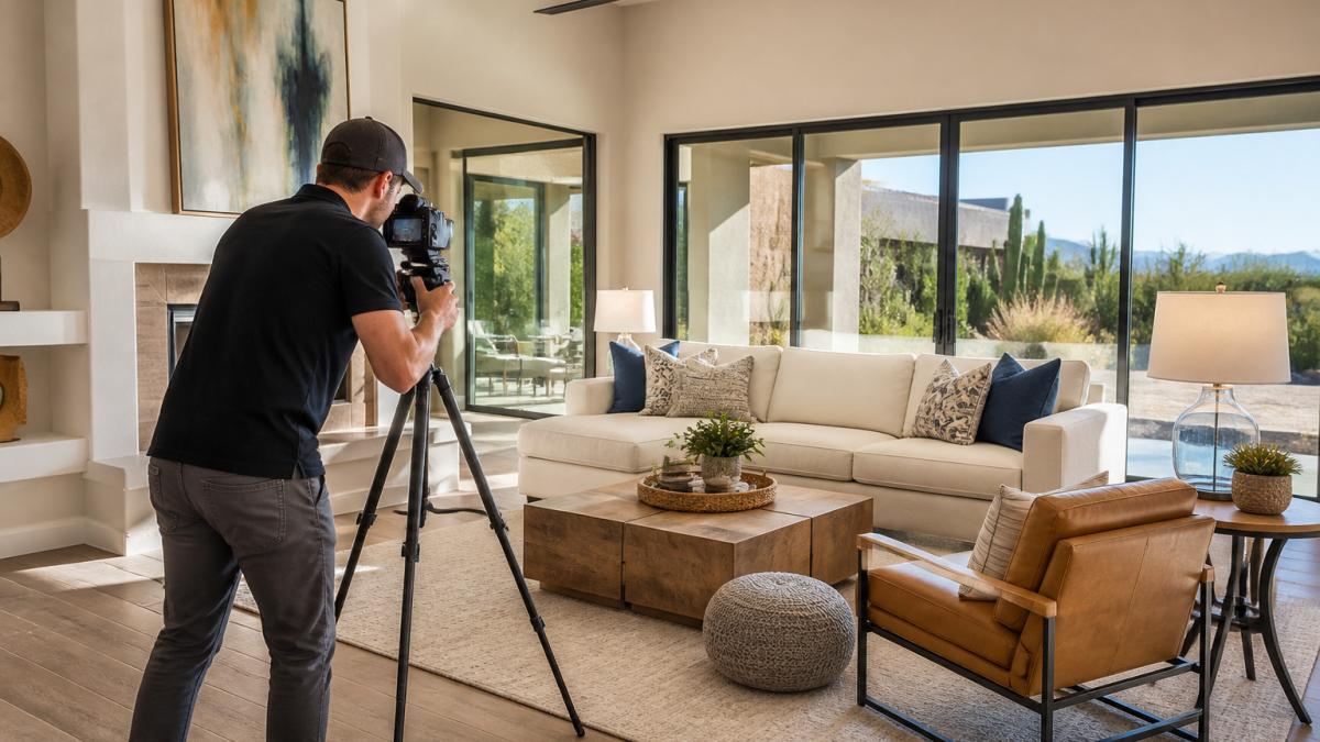 Photographer setting up a camera in a sunlit living room because virtual tours sell homes effectively.