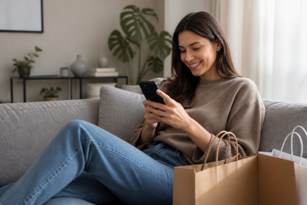 Young professional woman browsing clothing on a mobile app while sitting on a couch, smiling at her phone screen with shopping bags nearby