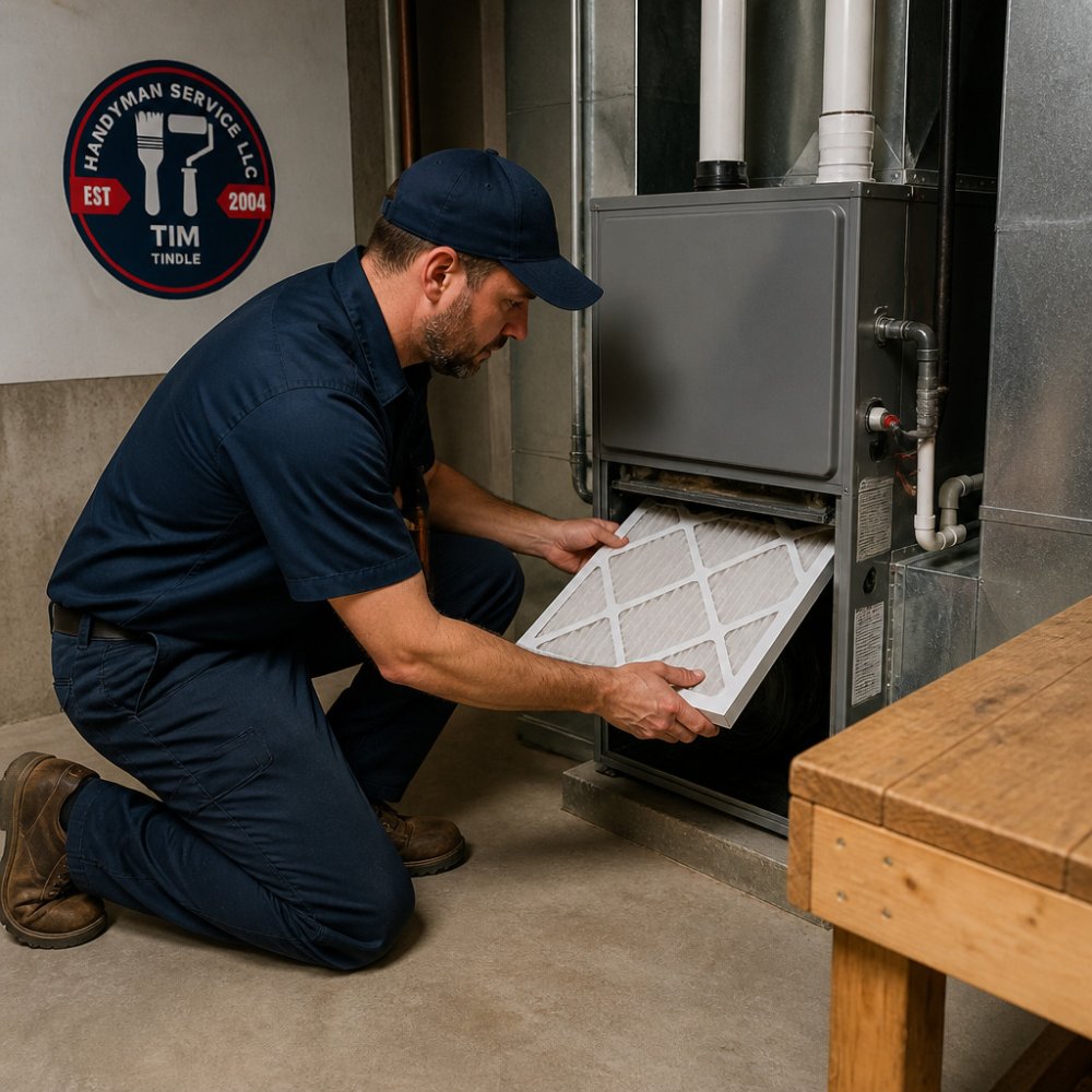 Handyman replacing a furnace filter in a basement as part of essential winter home maintenance.
