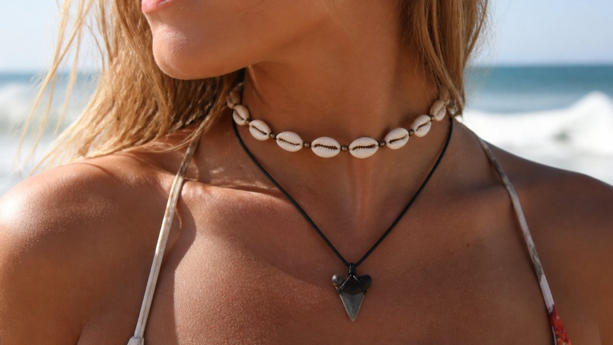 Close-up of a woman's neck wearing a layered 90s-style shell necklace and a shark tooth pendant with a leather cord, sunlit beach background with soft waves