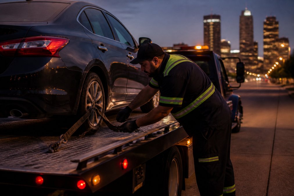 Neptune Towing operator securing a sedan on a flatbed as a 918 Wrecker Service alternative in downtown Tulsa.