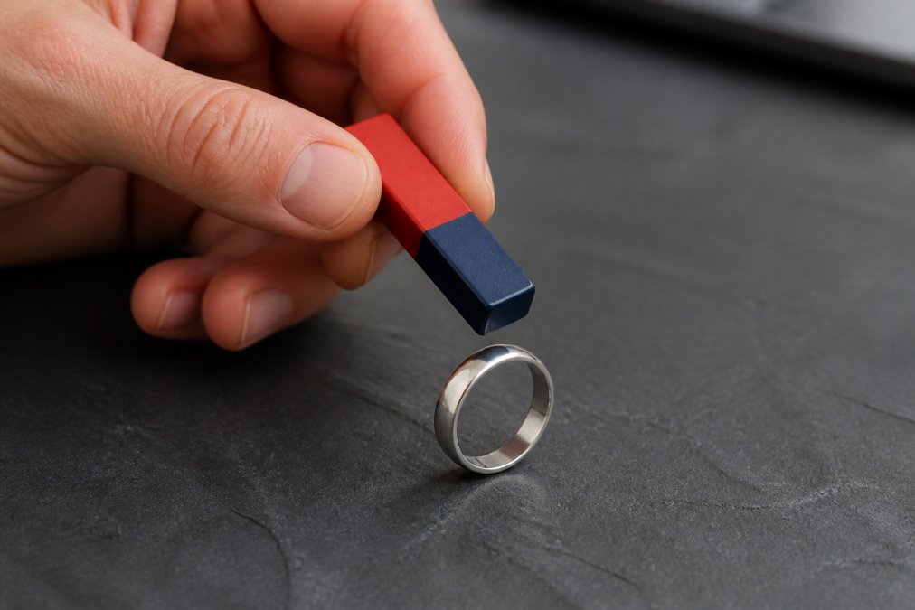 Nahaufnahme einer Hand, die einen Magneten über einen Silberring hält, um die Reaktion zu zeigen - der Ring sollte nicht angezogen werden